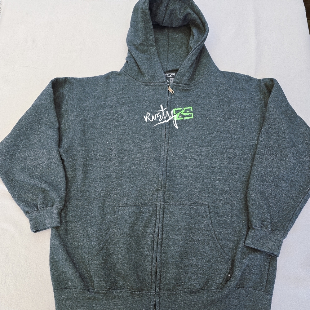 Rusty Logo Zip Front Hooded Sweatshirt. Surf Wear Gray Mens XL